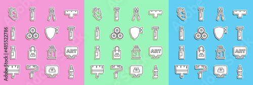 Set line Marker pen, Speech bubble with text art, Bolt cutter, Paint spray can, Rubber gloves and Vandal icon. Vector