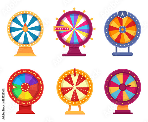 Lucky spinning roulette. Lottery game with colorful sections or slots. Gambling wheel for rotation with arrow. Casino jackpot, achieving target, winning money and entertaining vector set
