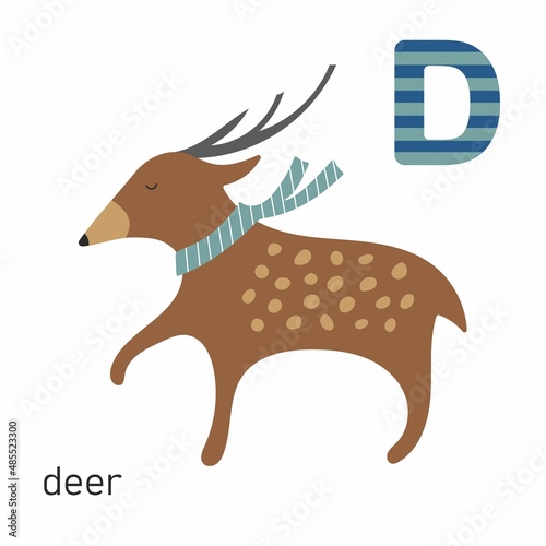 Brown cute dear at the white background with letter D photo