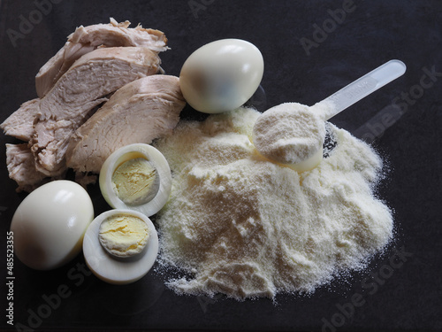 Protein powder, glucosamine in a plastic spoon for making a high-calorie drink, fillet of chicken meat and chicken eggs on a dark background, top view. Healthy sports nutrition for fitness photo