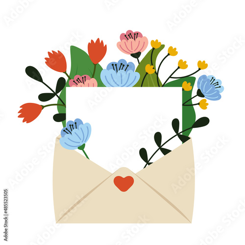 Flowers in an envelope with a blank letter. Template for greetings or newsletters