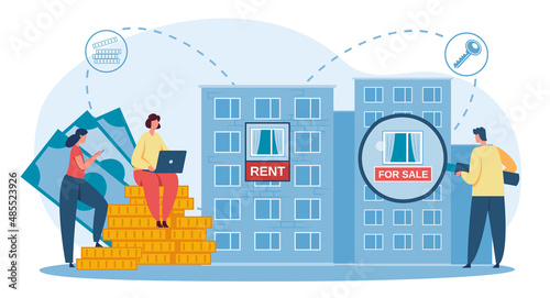 Mortgage concept. Person holding magnifying glass to find apartment for rent or sale. Choosing offer for rental or purchasing home. Real estate agent searching deal. Taking loan vector