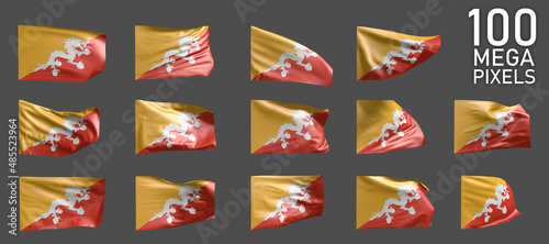 Bhutan flag isolated - different realistic renders of the waving flag on grey background - object 3D illustration