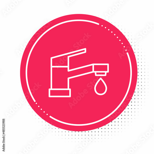 White line Water tap icon isolated on white background. Red circle button. Vector