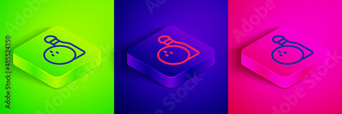 Isometric line Bowling pin and ball icon isolated on green, blue and pink background. Sport equipment. Square button. Vector