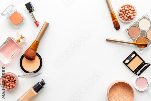 Makeup cosmetic set on white background. Beauty flat lay