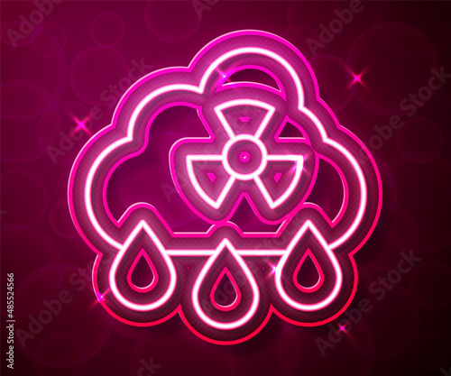 Glowing neon line Acid rain and radioactive cloud icon isolated on red background. Effects of toxic air pollution on the environment. Vector