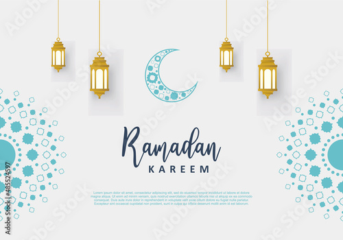 Canvas-taulu Ramadan Kareem islamic design banner with blue islamic ornament, blue crescent moon and golden lantern isolated on grey background