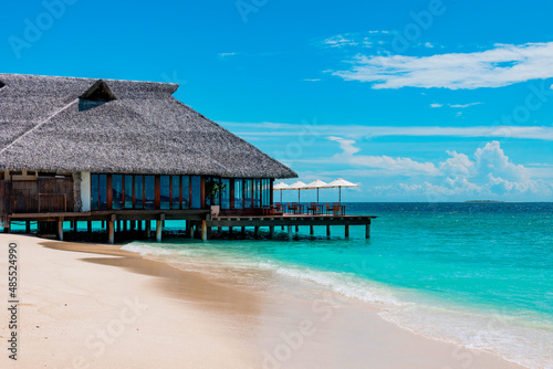 picturesque sandy beach in Maldives island near water villa  concept of luxury travel  beautiful exotic tropical landscape