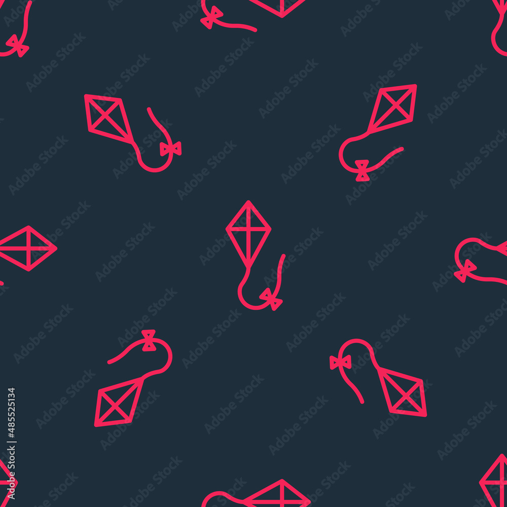 Red line Kite icon isolated seamless pattern on black background. Vector Red line Kite icon isolated seamless pattern on black background. Vector