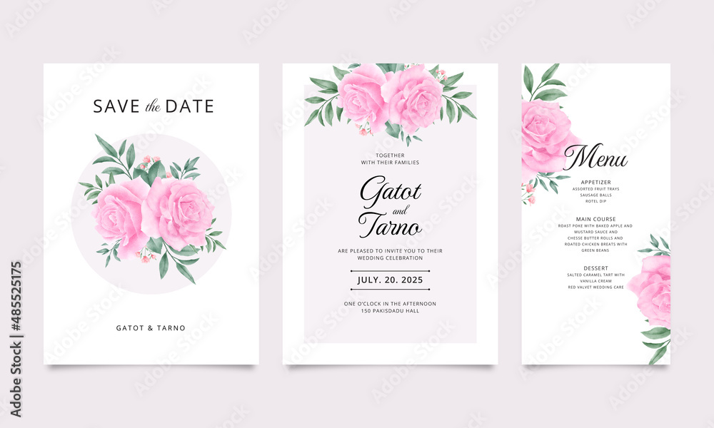 Beautiful wedding invitation template set with pink roses and green leaves decoration
