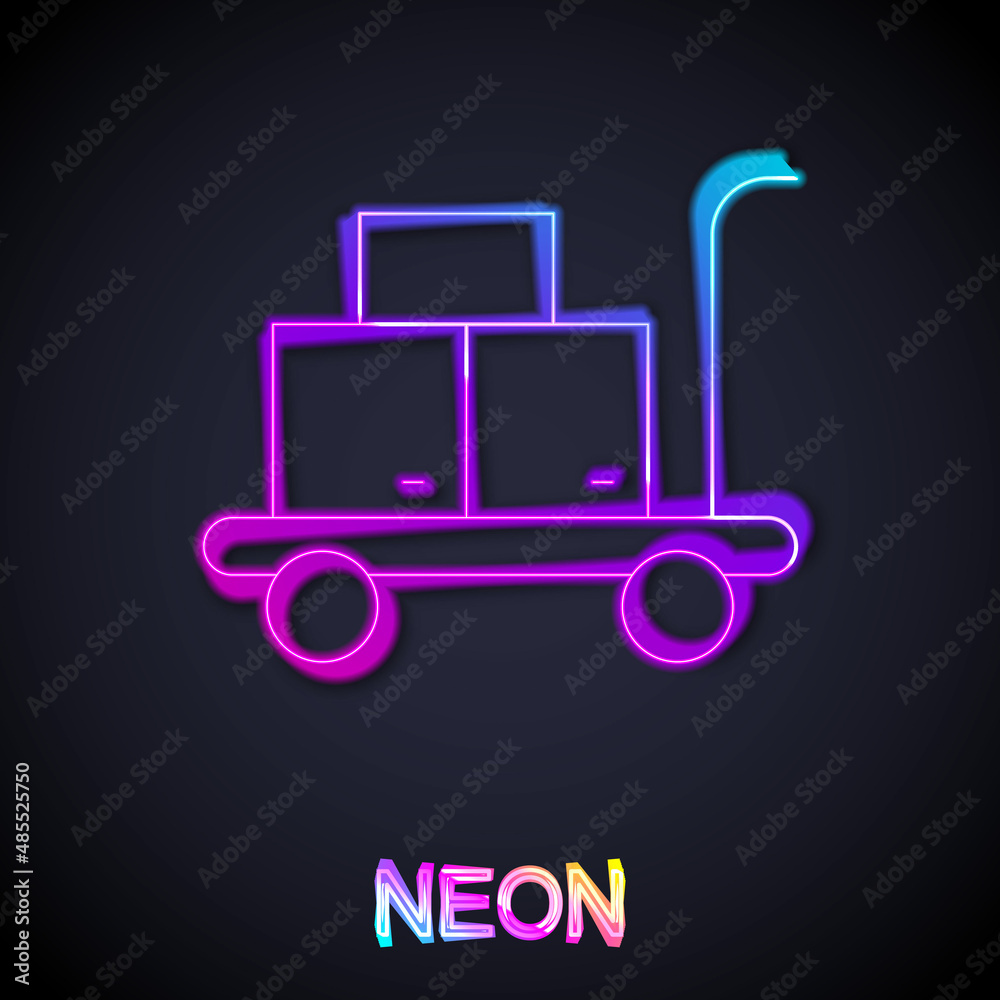 Glowing neon line Trolley suitcase icon isolated on black background. Traveling baggage sign. Travel luggage icon. Vector Glowing neon line Trolley suitcase icon isolated on black background. Traveling baggage sign. Travel luggage icon. Vector