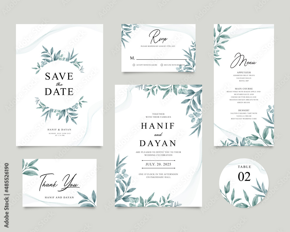 Wedding invitation card set of templates with watercolor foliage decoration