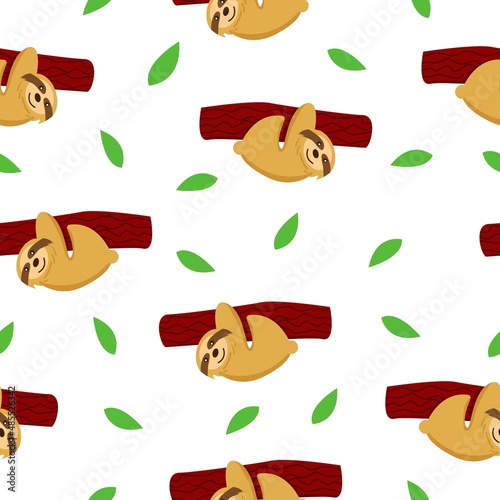 Seamless pattern of sloths hanging on tree branch and green leaves. White background. Cartoon character. Cute and funny. Summer and spring. For wallpaper, textile, scrapbooking and wrapping paper
