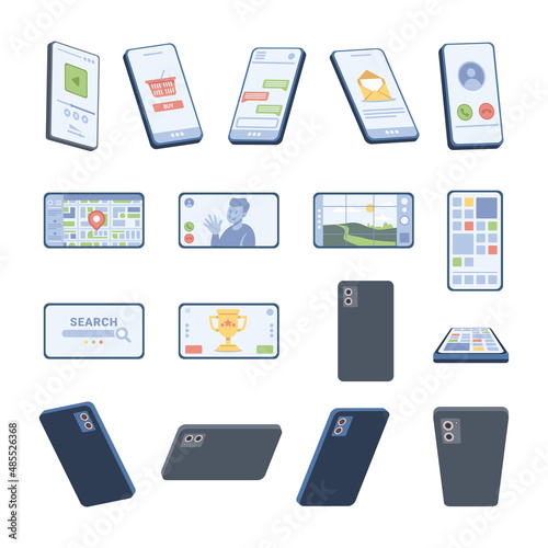 Applications on gadgets, isolated set of smartphones on different angles. Vector back and front left and right sides. Mobile phone with screen and apps, tablets and screens of cellphones. Flat cartoon