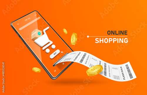 shopping cart icon and order confirmation icon placed on the smartphone screen and the receipt paper flowed out for delivery and online shopping concept,vector 3d on orange background for advertising photo