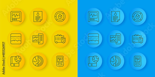 Set line Earth globe and book, Soil ground layers, Seismograph, Mining dump truck, analysis and Oil drop document icon. Vector