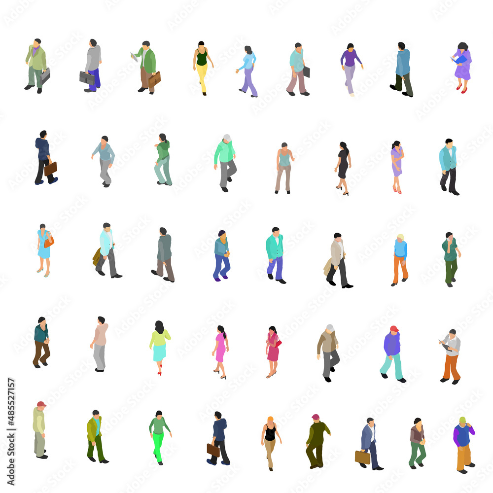 Set with many people in different poses isolated on white background. Flat style. Men and women walk, run, read, with suitcases. Isometric view. Vector illustration