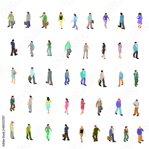 Set with many people in different poses isolated on white background. Flat style. Men and women walk, run, read, with suitcases. Isometric view. Vector illustration