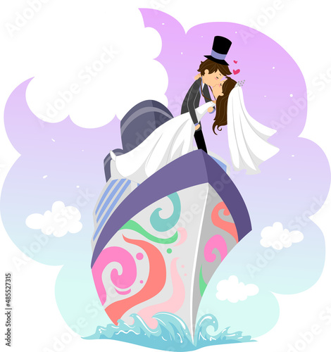 Stickman Couple Wedding Cruise Ship Illustration