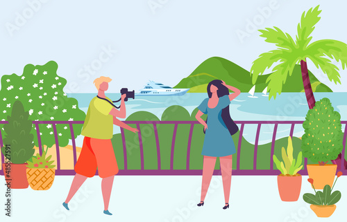 Photographer photographing model. Man taking photo of girl posing near sea. Cartoon woman having rest on seaside. Person on tropical vacation standing in front of palm tree, yacht vector © Frogella.stock