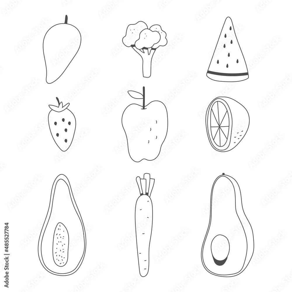 Doodle fruits and vegetables vector icons set isolated on a white background. Doodle fruits and vegetables vector icons set isolated on a white background.