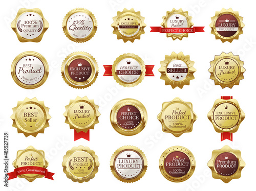 Premium quality emblems. Luxury exclusive product seal label for retail shop. Best seller golden medal with award stars. Realistic stamps with red ribbons for store isolated vector set