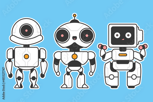 Cute robots vector cartoon characters set isolated on background.