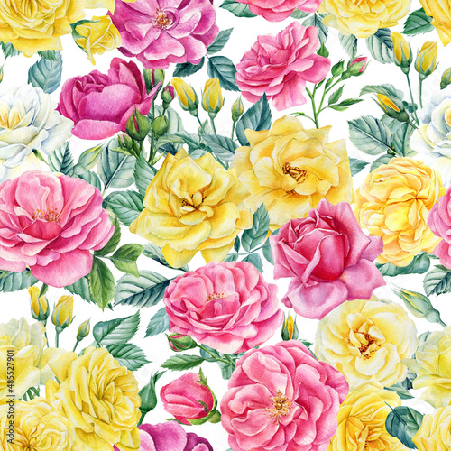 Delicate flowers. Pink and yellow Roses, buds and leaves, watercolor floral clipart, seamless pattern