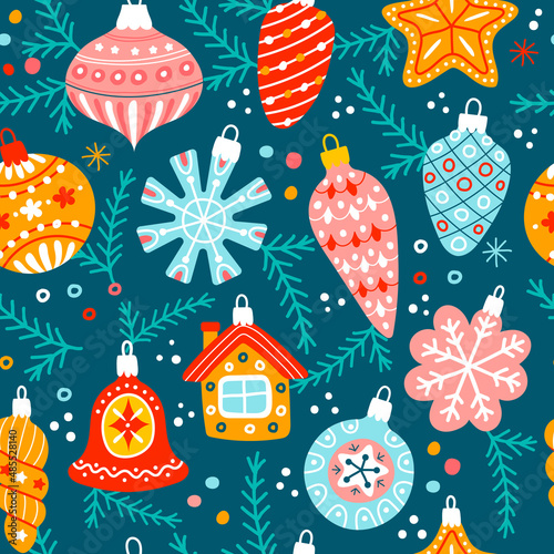 Xmas pattern. Gifts backgrounds with christmas decorative ornamental toys round balls and bells holiday textures recent vector seamless design for textile projects