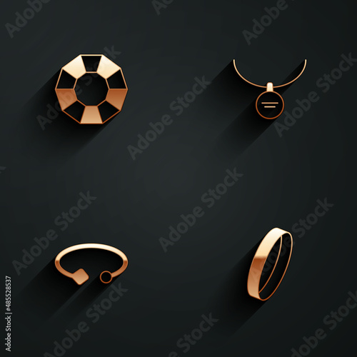 Set Diamond, Locket necklace, Bracelet jewelry and Wedding ring icon with long shadow. Vector