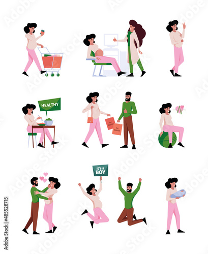 Pregnant characters. Female future mothers in action poses baby care happy maternity persons yoga activities cooking walking parents garish vector people