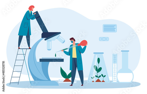 Scientist or biologist working in laboratory. Man dropping liquid, woman examining drip in microscope. People doing research with plants. Characters in robs working in lab, microbiology vector