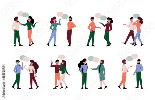 Dialogue people. Characters talking crowd persons conversation friends chatting interesting discussion garish vector illustrations in flat style
