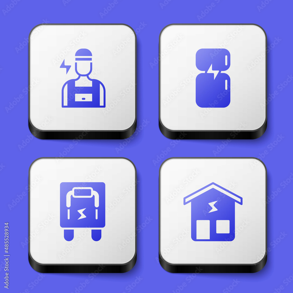 Set Electrician, Refrigerator, Electrical panel and Smart home icon. White square button. Vector Set Electrician, Refrigerator, Electrical panel and Smart home icon. White square button. Vector