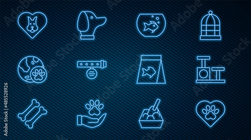 Set line Heart with animals footprint, Cat scratching post toy, Aquarium fish, Collar name tag, World pet, dog, Food for and Dog icon. Vector