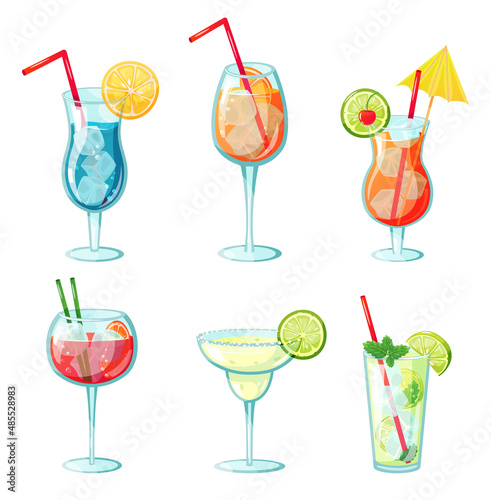 Summer alcohol drinks. Tropical cocktails in glass with citrus slices, mint leaves, ice cubes and straws. Exotic fresh beverage with lime and lemon. Margarita, mojito, sangria and blue lagoon