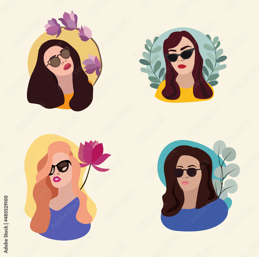 girls with glasses, with a flat style with plants girls with glasses, with a flat style with plants
