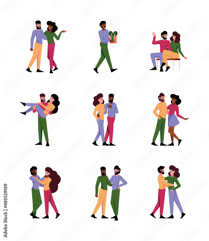 Romantic lovers. Various happy couples going to date in valentine romantic day gift collections for couples garish vector flat pictures set isolated