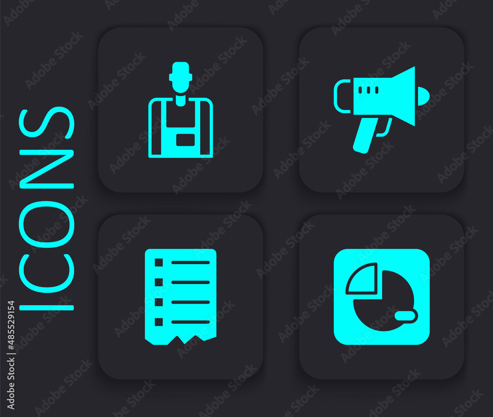 Set Pie chart infographic, Seller, Megaphone and Shopping list icon. Black square button. Vector Set Pie chart infographic, Seller, Megaphone and Shopping list icon. Black square button. Vector