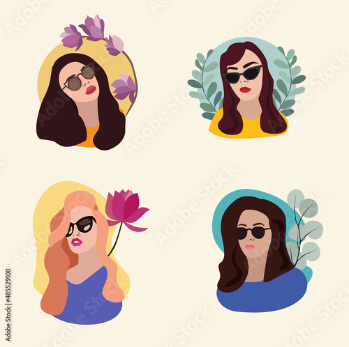 girls with glasses, with a flat style with plants