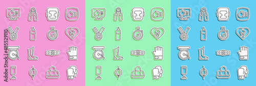 Set line Boxing glove, MMA, helmet, Punching bag, Medal, and Stopwatch icon. Vector