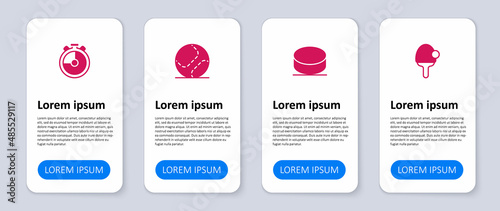 Set Racket, Hockey puck, Baseball ball and Stopwatch. Business infographic template. Vector