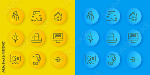 Set line Boxing glove, Punching bag, Sport, belt, ring, expander, Stopwatch and short icon. Vector