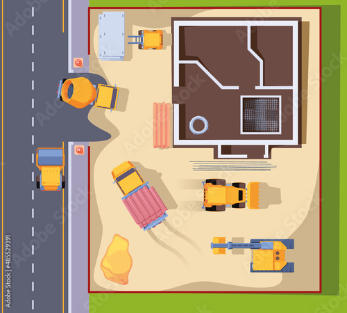 Construction processes. Background top view builders working on heavy machines bulldozer tractors mining diggers processes mechanical work excavations garish vector template