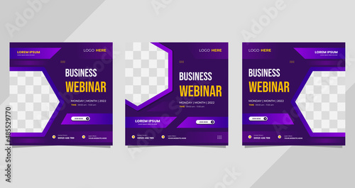 Set of business webinar social media template with purple geometric background and hexagon frame