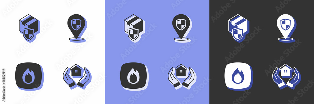 Set House in hand, Delivery security with shield, Fire flame and Location icon. Vector Set House in hand, Delivery security with shield, Fire flame and Location icon. Vector