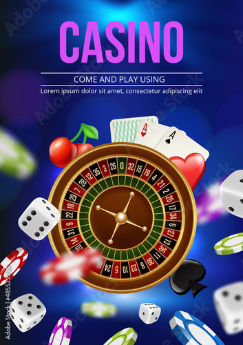 Casino poster. Promotional ads placard with gambling roulette dice and gaming circle colored coins decent vector flyer with place for text photo