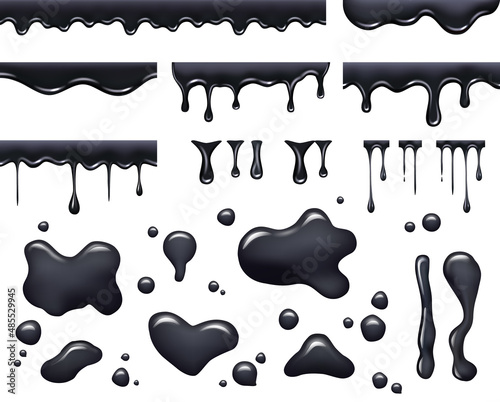 Black drops. Petroleum oil realistic templates black paint liquid blot droppings fuel decent vector illustrations collection