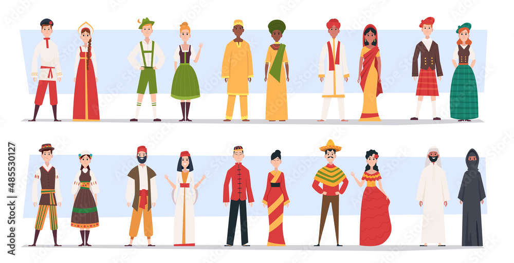 Ethnic clothes. Collection of european traditional folk costumes russian  belarus poland different nationality exact vector cartoon characters Stock  Vector | Adobe Stock